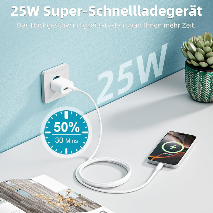 USB C Ladegerät, 2er Pack 25W 2-Port USB-A & USB-C Adapter Schnellladegerät Netzteil für iPhone 17/1