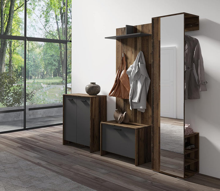 byLIVING Sitzbank Ben/Schuhschrank in Old Wood Dunkelbraun/Front anthrazit/kleine Flur-Kommode mit K