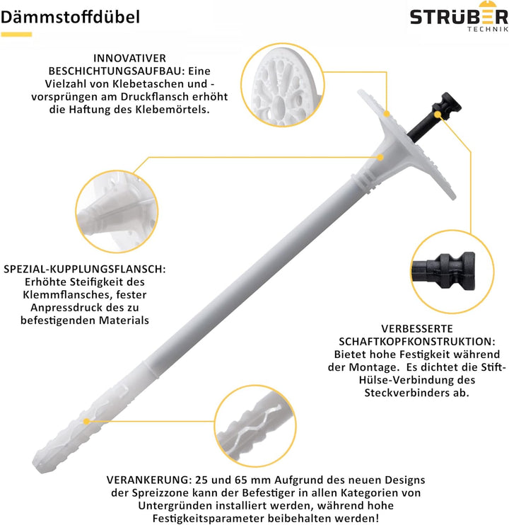 WDVS SET (Ø10x70mm Dämmstoffdübel mit Kunststoffnagel 200St + Weiss Styropor Rondelle 200St + Styrop