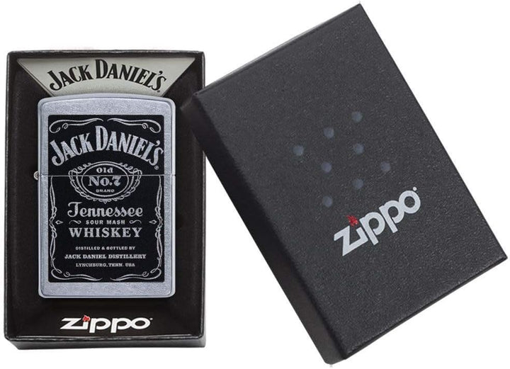 Zippo Feuerzeug mit Jack Daniel's Etikett, Street Chrome Schwarz / Chrom, Schwarz / Chrom