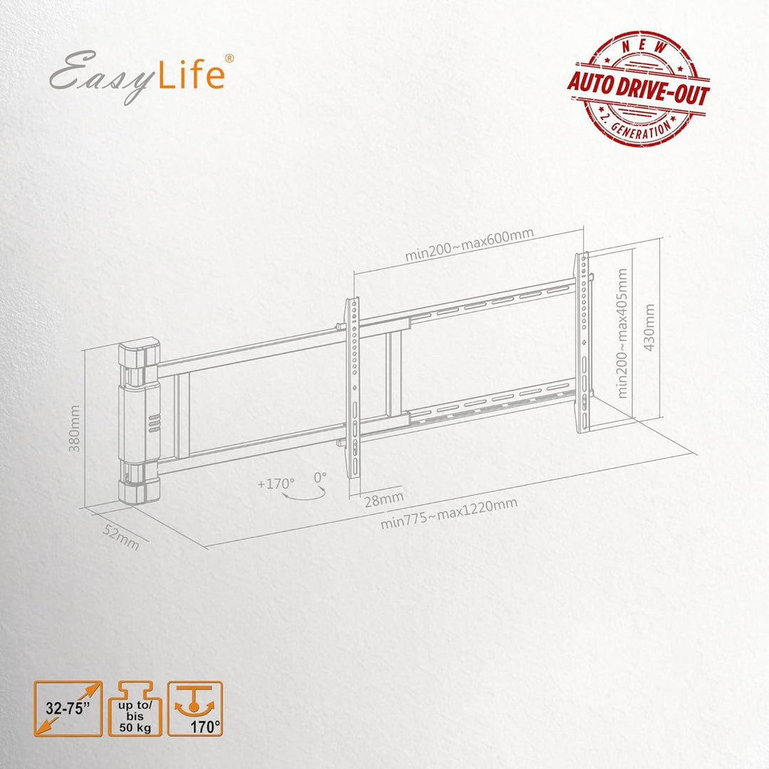 EasyLife – Elektrische, Schwenkbare TV-Wandhalterung mit Auto-Drive-Out, Ultraschlank 56mm, leiser M