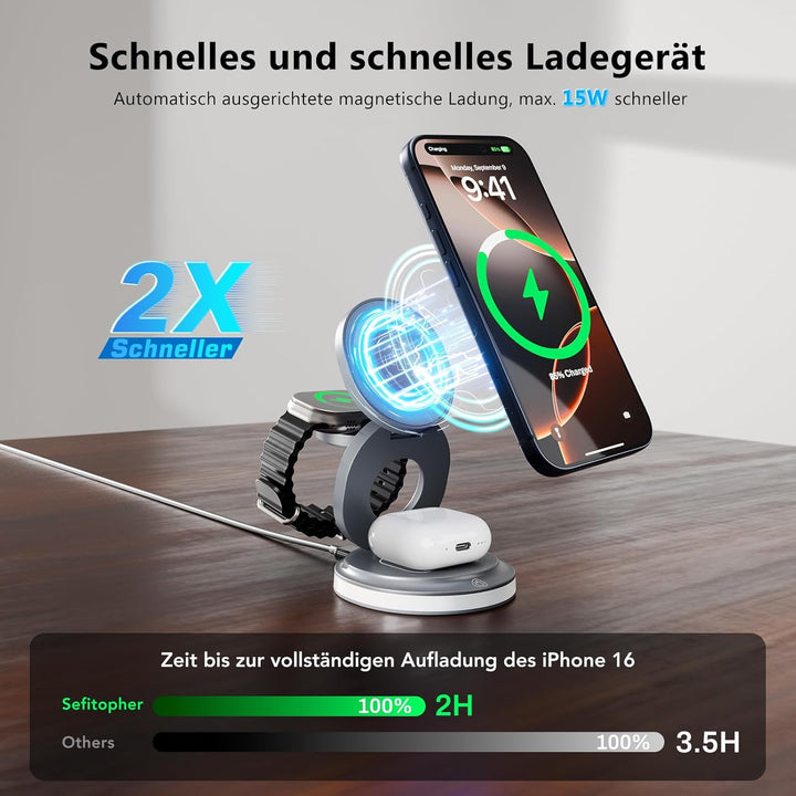 3-in-1 Ladestation Apple Watch und iPhone, 15W Ladegerät für Magsafe mit Nachtlicht Kompatibel mit i