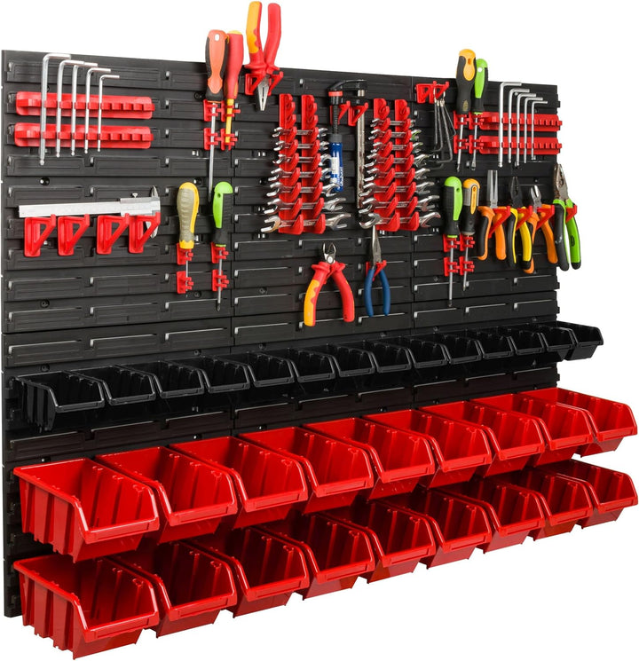 Lagersystem Werkstattregal | 117 x 78 cm | 32 stck. Box | Wandregal mit Werkzeughalterungen und Stap