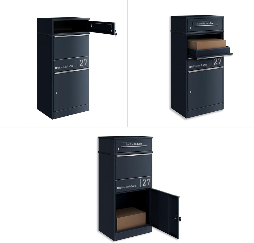Metzler Paketbox draussen gross in Anthrazit - Briefkasten mit Paketfach personalisiert mit Gravur -