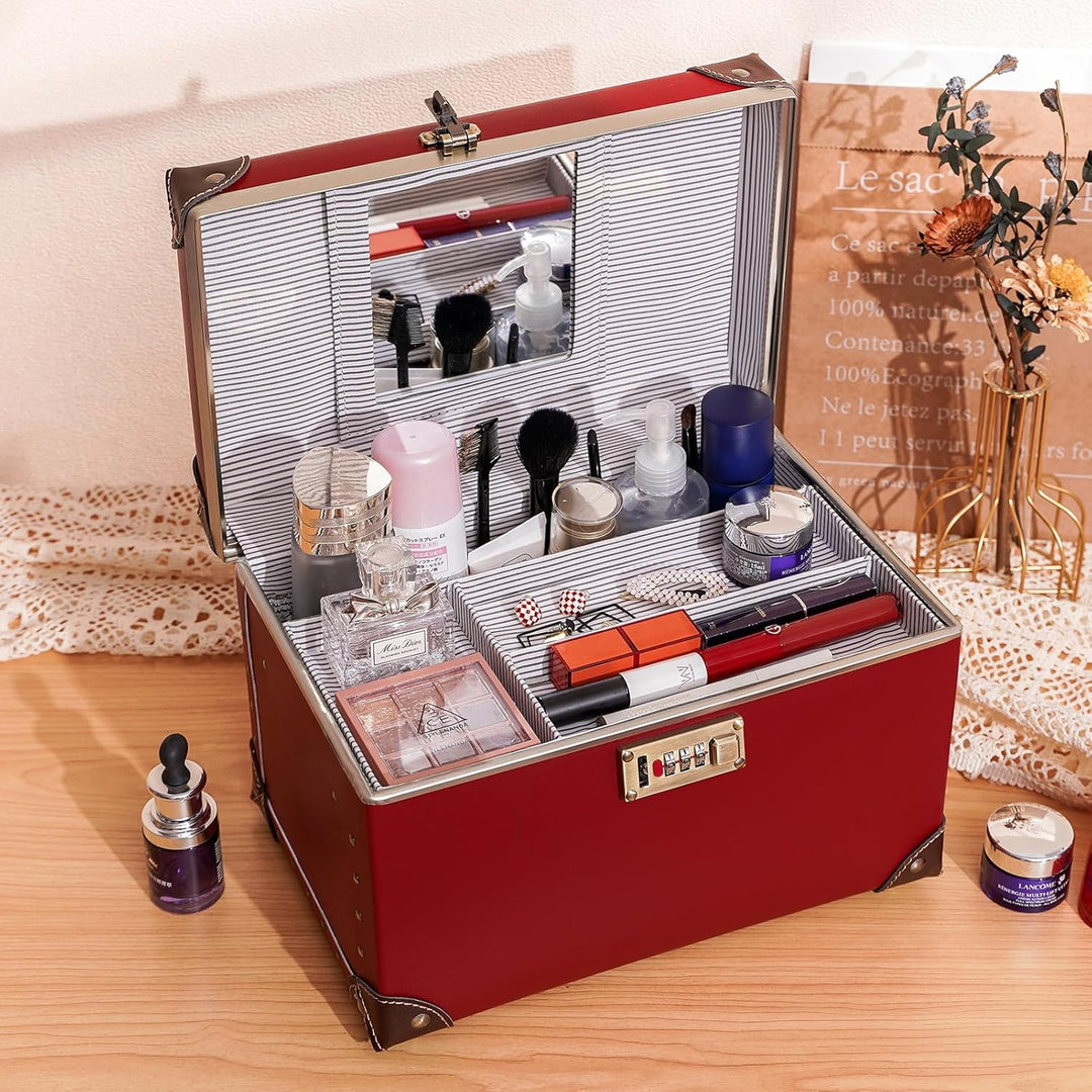 urecity Vintage Leder Kosmetikkoffer mit Spiegel - Hartschale Schminkkoffer für Damen, Reise Make-up