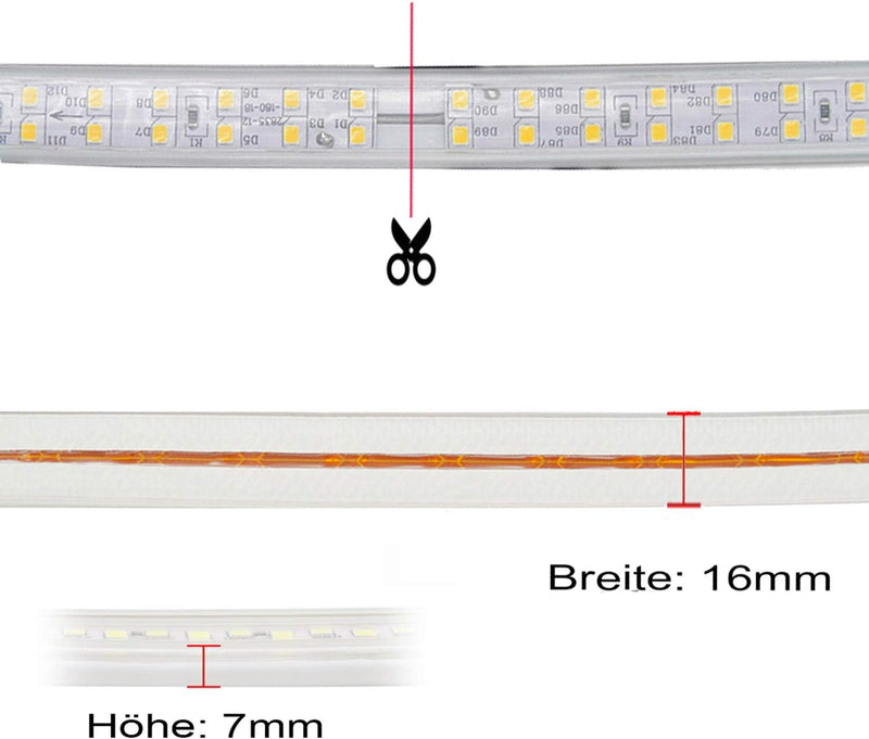 FOLGEMIR 25m LED Band mit Schalter – Kalt Weiss, 2835 SMD 180 Leds/m Streifen, 230V helle Beleuchtun