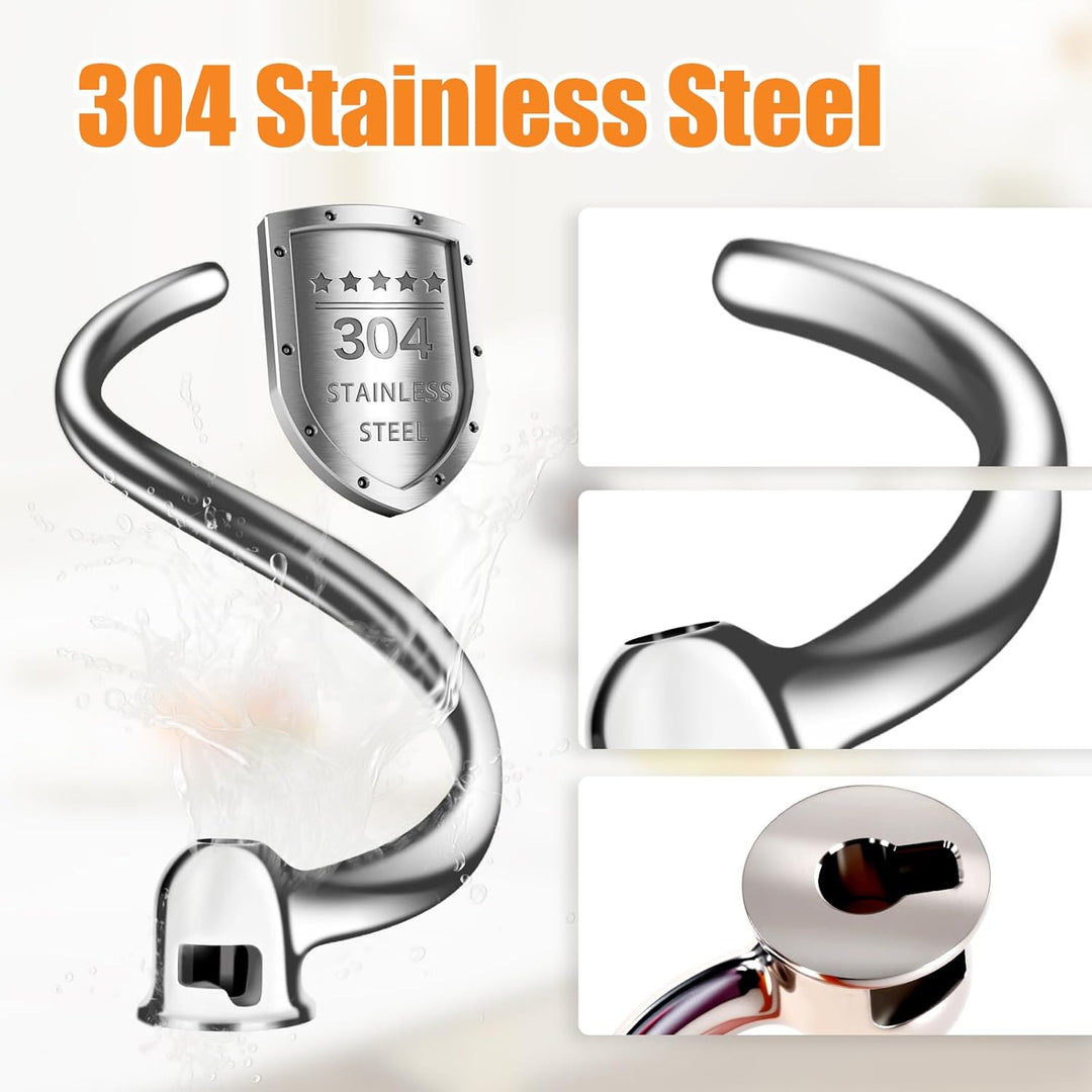 Spiralförmiger Knethaken aus Edelstahl, Kompatibel mit Kitchen Aid 4,5-5 Quart Standmixern mit Kippk