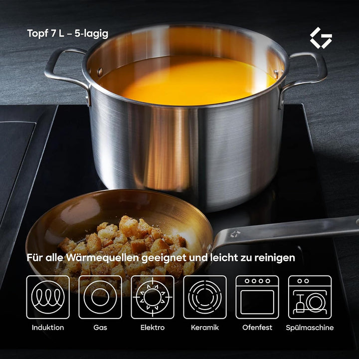 Gastrotools Edelstahl Kochtopf 7 L – 24 cm – 5-Ply – PFAS-frei, 7 L