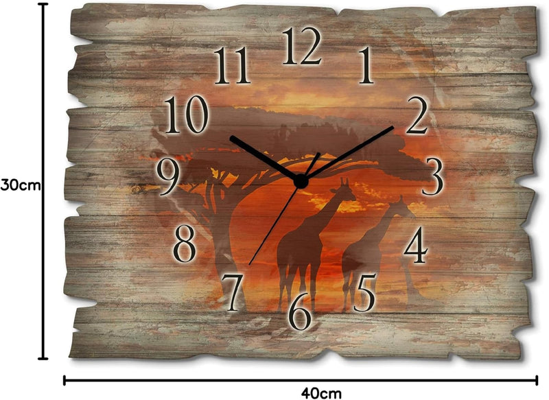 ARTLAND Wanduhr ohne Tickgeräusche aus Holz Quarzuhr 40x30 cm Rechteckig Lautlos Afrika Tiere Giraff