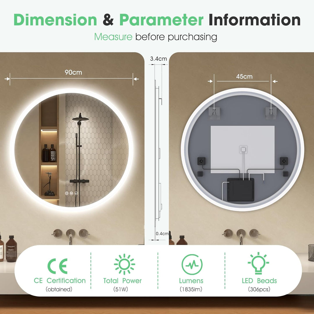S'bagno Runder-Badspiegel-mit-Beleuchtung-90cm, Badezimmerspiegel-mit-Beleuchtung-und-Bluetooth, Ent