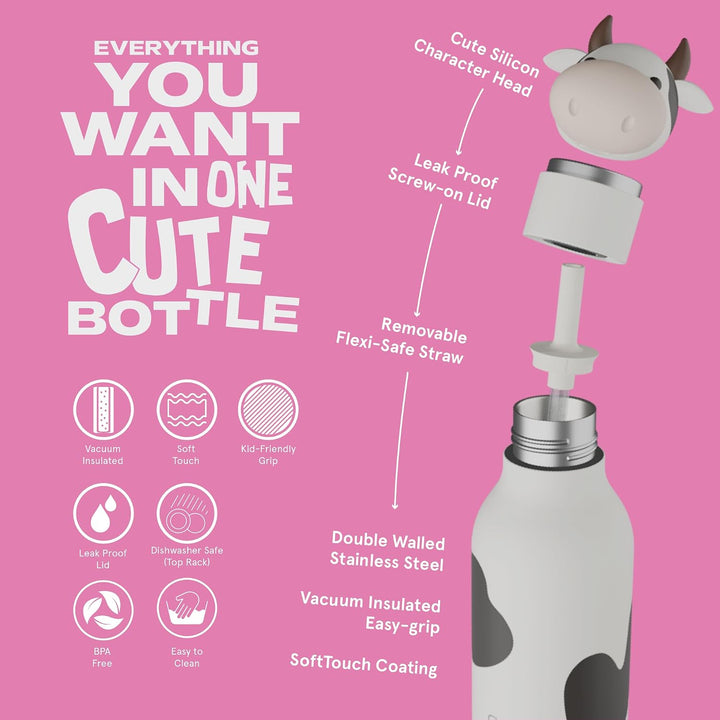 Asobu Bestie Kindertrinkflasche mit Strohhalm – Isolierte Edelstahlflasche 420ml mit Kuhkopf – Ausla