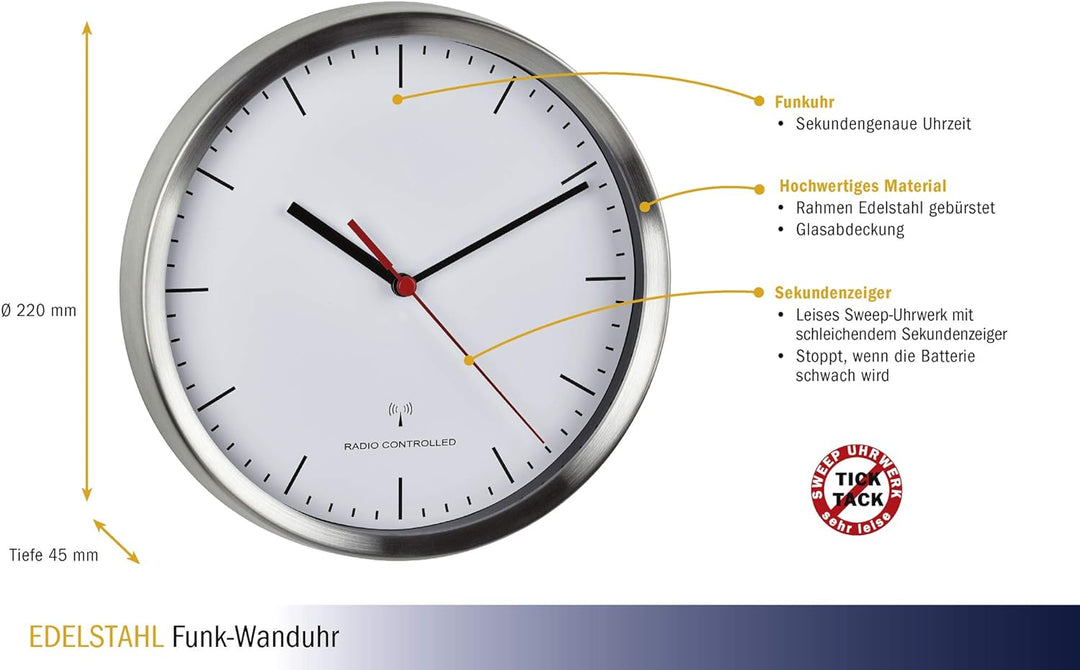 TFA Dostmann Funk-Wanduhr modern, 60.3530.02, leises Uhrwerk, Rahmen aus gebürsteten Aluminium, 22 c
