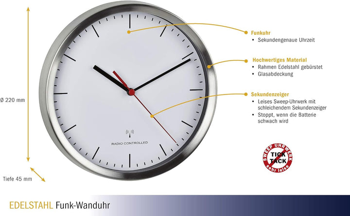 TFA Dostmann Funk-Wanduhr modern, 60.3530.02, leises Uhrwerk, Rahmen aus gebürsteten Aluminium, 22 c