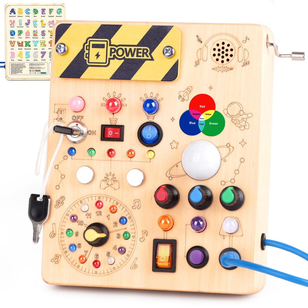 Hoarosall Montessori Busy Board Activity Board Holz Spielzeug ab 1 Jahr mit 12 Schaltern & 24 LED-Le