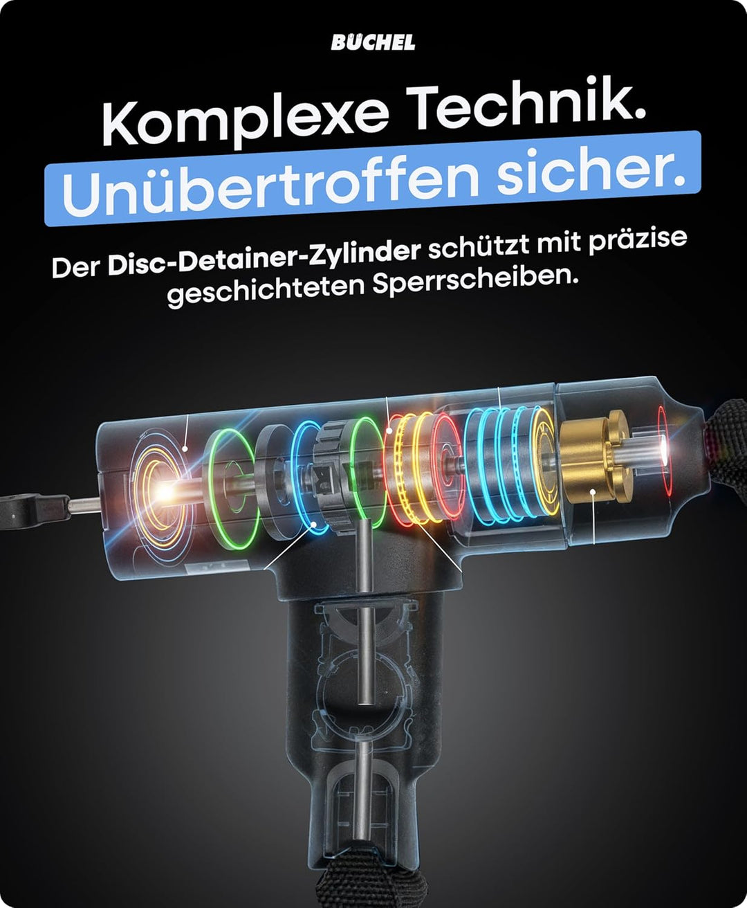 BÜCHEL Sekura Fahrradschloss Hohe Sicherheit - 90cm Bike Lock mit Disc Detainer Lock aus 8mm gehärte