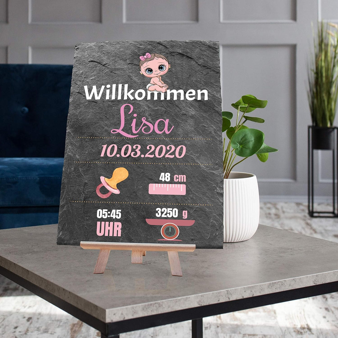 wandmotiv24 individuelle Schiefertafel als Geschenk zur Geburt, 20 x 30 cm, mit Staffelei, Familien,