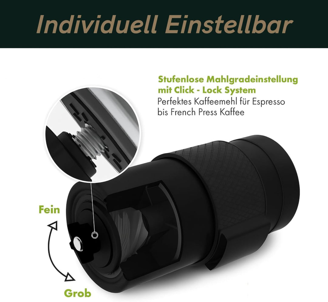 Kaffeemühle Manuell mit Keramikmahlwerk | Kompakte Handkaffeemühle mit stufenloser-Mahlgradeinstellu
