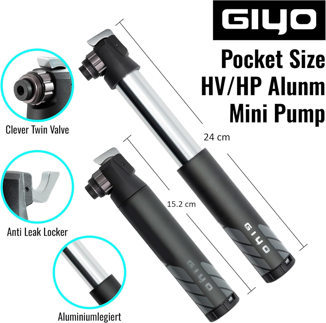 GIYO GM-45CT Mini-Fahrradpumpe, 2-Stage Hochvolumen (80cc) / Hochdruck-Alu-Pumpe (7 bar) für Mountai