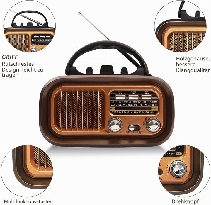 Tragbar Retro Radio mit Bluetooth, AM/FM/SW Solar Kofferradio Batteriebetrieb/D-Zellen Betrieb, Laut