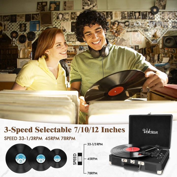 Voksun Bluetooth Record Player, Vinyl Turntable, Built-in Speaker, Belt Drive 33/45/78 RPM, Portable