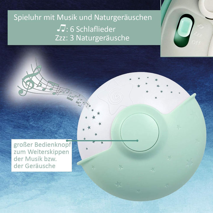 First Aid Only Schlummerlicht, Baby-Nachtlicht mit Sternenprojektor und Spieluhr mit Kinderliedern u