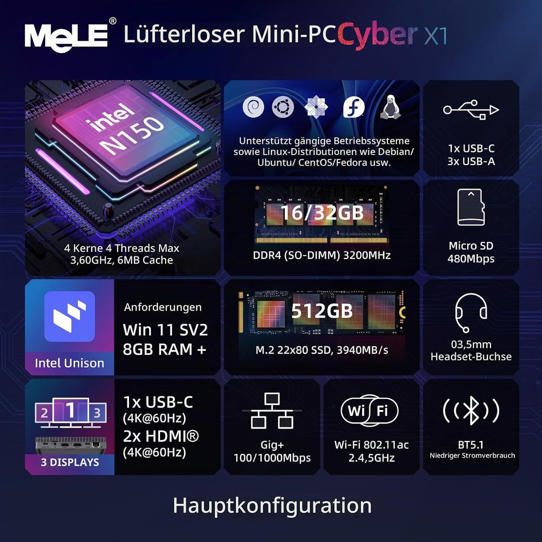 MeLE Cyber X1 Lüfterloser Mini PC 16GB DDR4 512GB ROM Micro PC Twin Lake N150(bis zu 3.6GHz) USB-C 2