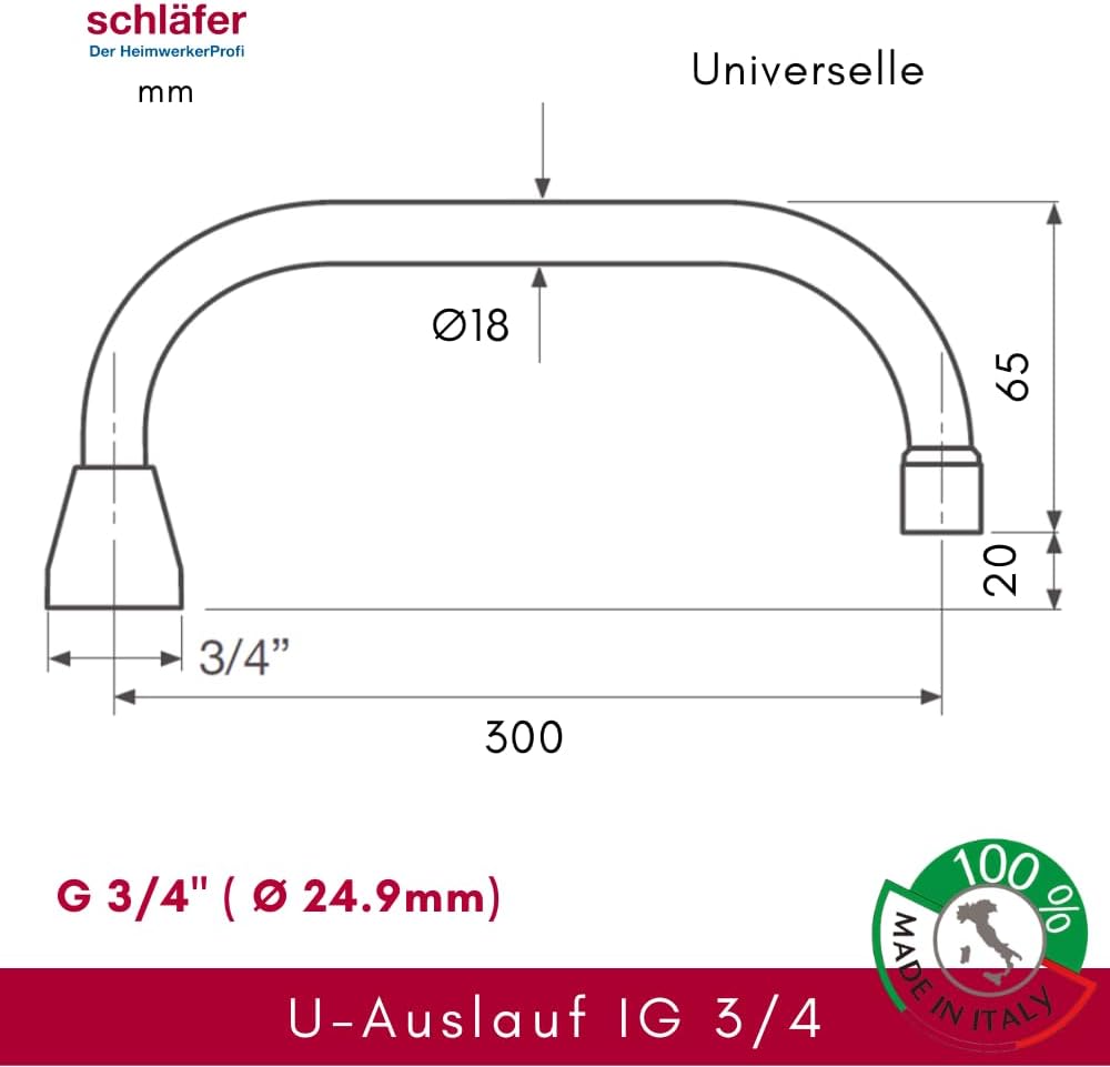 Schläfer 400114 - U-Auslauf für Stand- und Wandarmatur 30cm, U-Rohrauslauf mit Mischdüse M22, Schwen