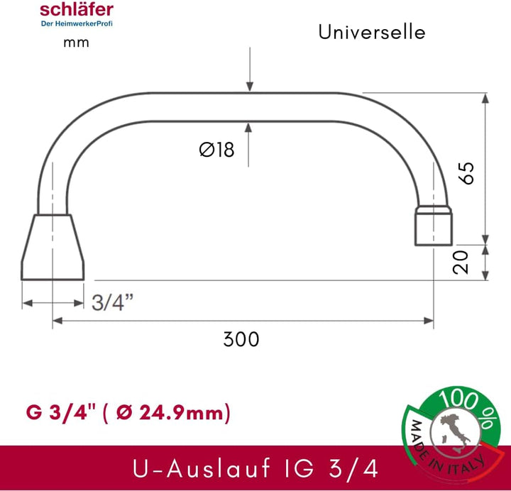 Schläfer 400114 - U-Auslauf für Stand- und Wandarmatur 30cm, U-Rohrauslauf mit Mischdüse M22, Schwen