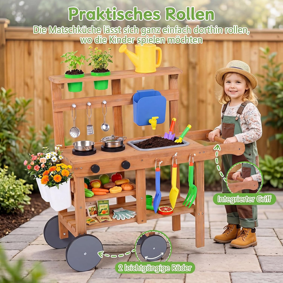 COSTWAY Matschküche Kinder Outdoor, Spielküche mit Wassertank &amp; Wasserhahn | Kinderküche mit Rädern,