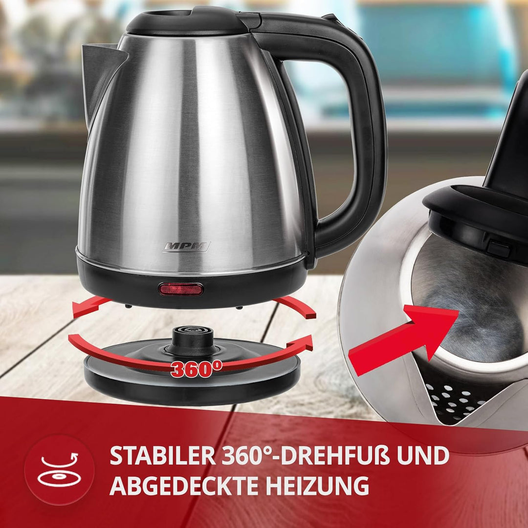 MPM MCZ-84M Elektrischer Wasserkocher, 1600 W, 1 Liter, 0 Dezibel, Edelstahl, silber, 1L Rostfreier