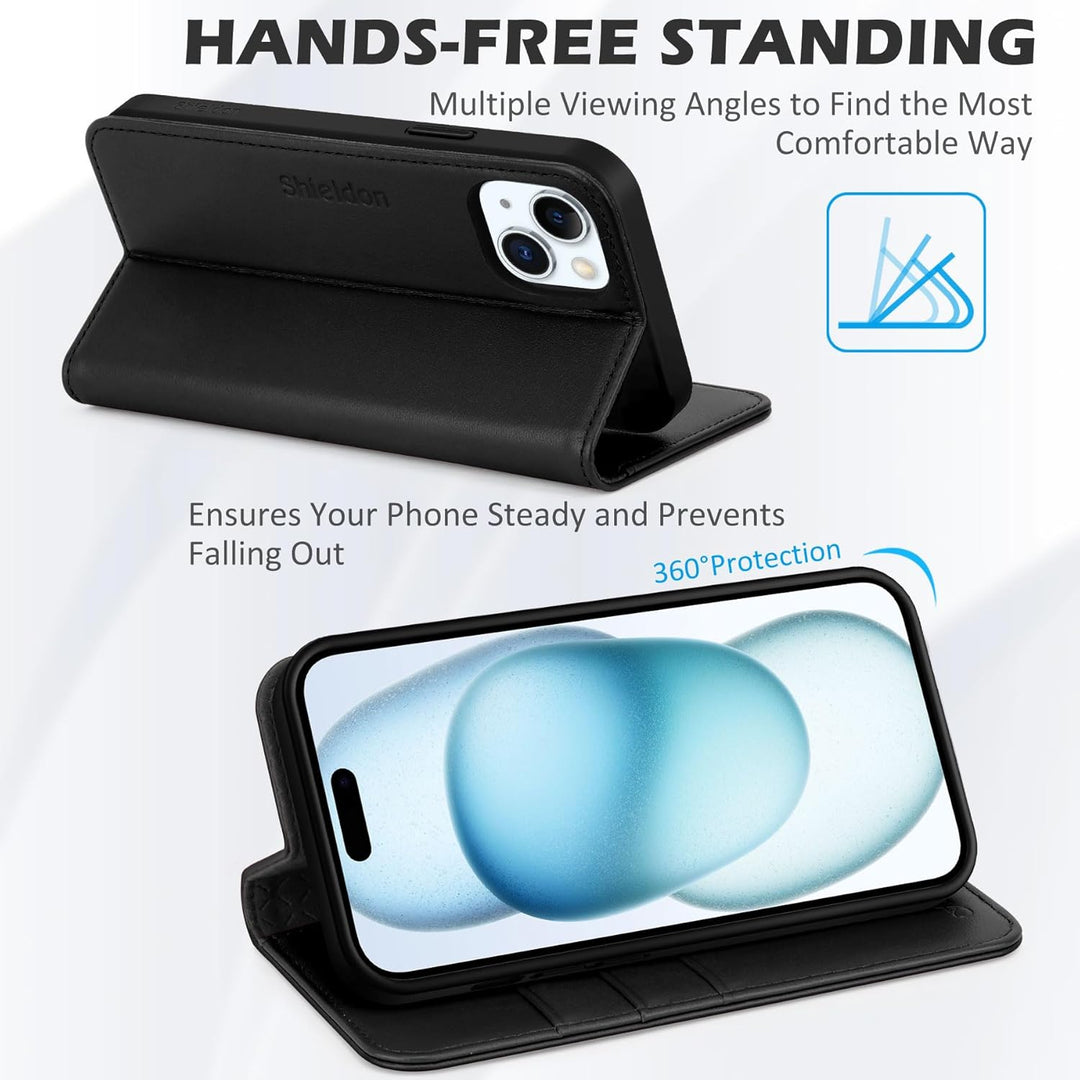 SHIELDON Hülle für iPhone 15 5G, Stossfest Handyhülle [Echtleder] [Kartenfach] [Magnet] [Standfunkti
