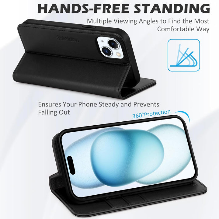 SHIELDON Hülle für iPhone 15 5G, Stossfest Handyhülle [Echtleder] [Kartenfach] [Magnet] [Standfunkti