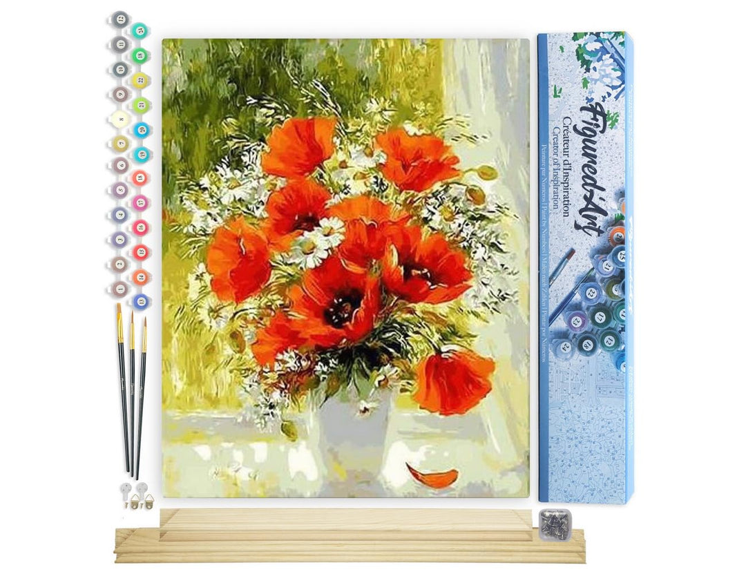 Figured'Art Malen Nach Zahlen Erwachsene Mit Rahmen Rote Blumen und Gänseblümchen - Paint by Numbers