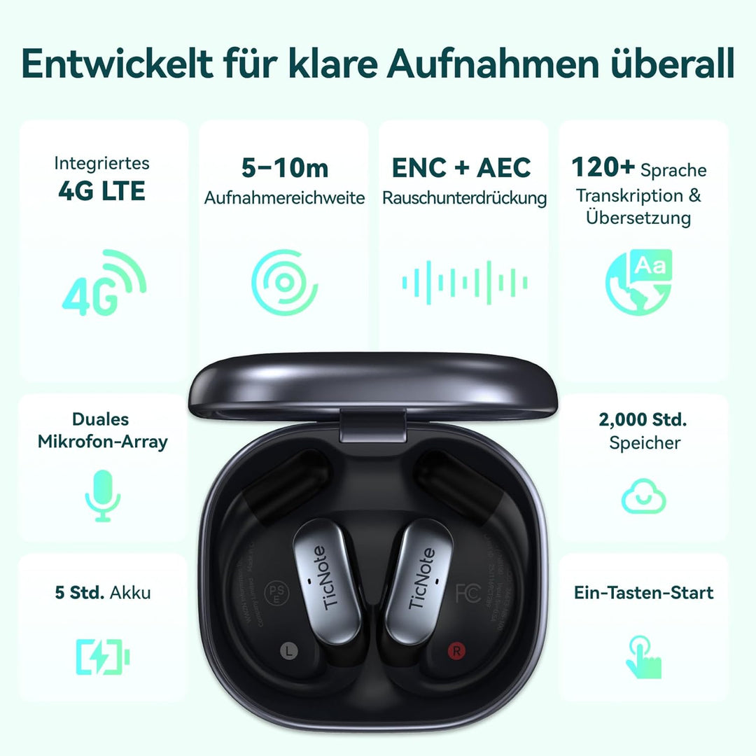 TicNote Pods Wearable KI-Sprachrekorder, 4G integriert kein Smartphone nötig – Sprachaktiviertes Auf