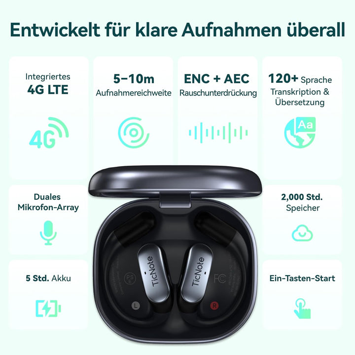 TicNote Pods Wearable KI-Sprachrekorder, 4G integriert kein Smartphone nötig – Sprachaktiviertes Auf