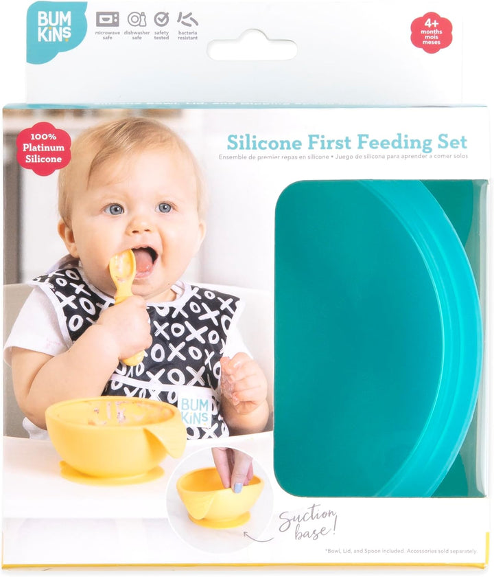 Bumkins - Erstes Baby Fütterungsset aus Silikon mit Saugnapf, Deckel und Löffel, Blau Jelly Blue Jel
