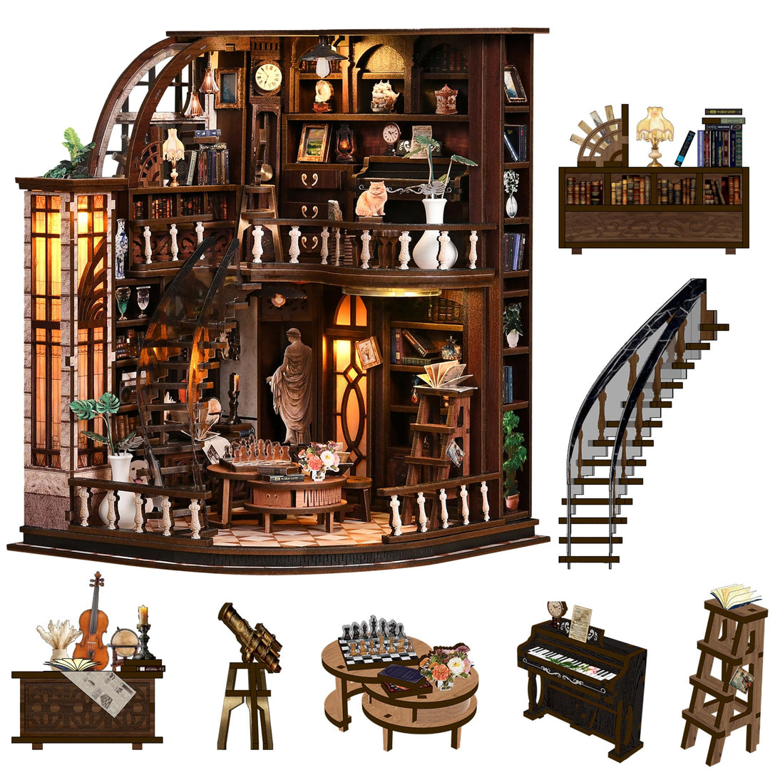 Spilay Miniatur Haus, Bacchus Bookstore 3D Holzpuzzle mit LED | DIY Miniature House Kit für Erwachse