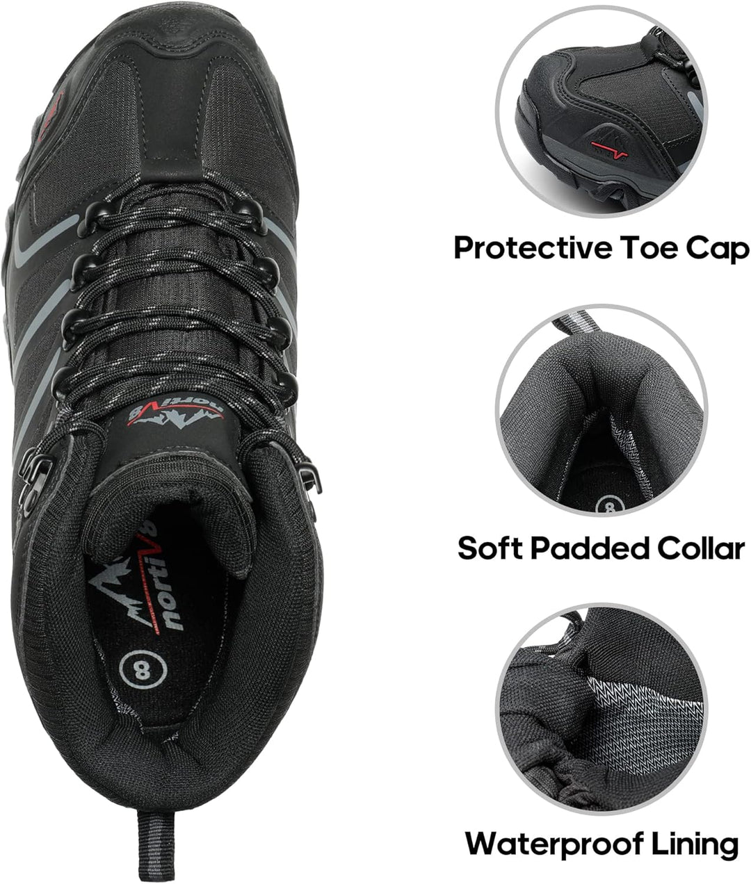 NORTIV 8 Herren-Wanderstiefel, wasserdichte Outdoor-Trekkingstiefel 44 EU Weit Schwarz, 44 EU Weit S