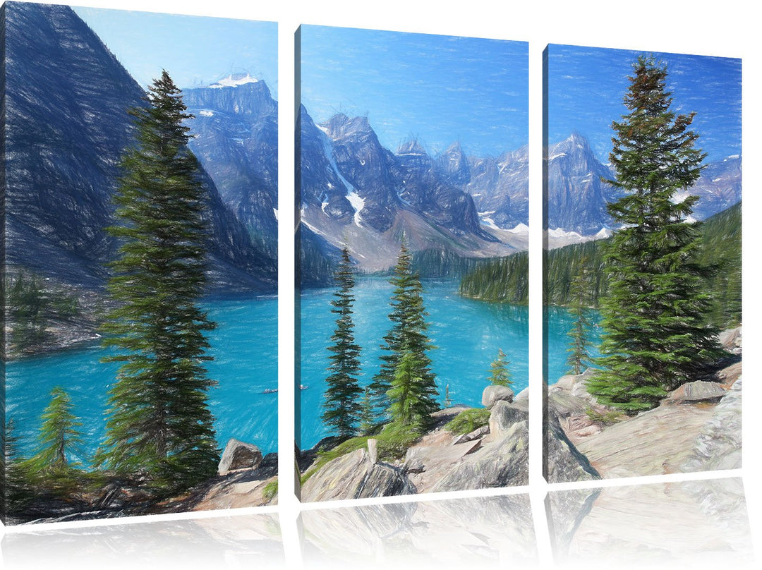 Pixxprint Moraine Lake kanadische Berge Kunst Buntstift Effekt 3-Teiler Leinwandbild 120x80 Bild auf