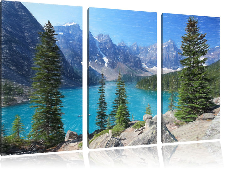 Pixxprint Moraine Lake kanadische Berge Kunst Buntstift Effekt 3-Teiler Leinwandbild 120x80 Bild auf