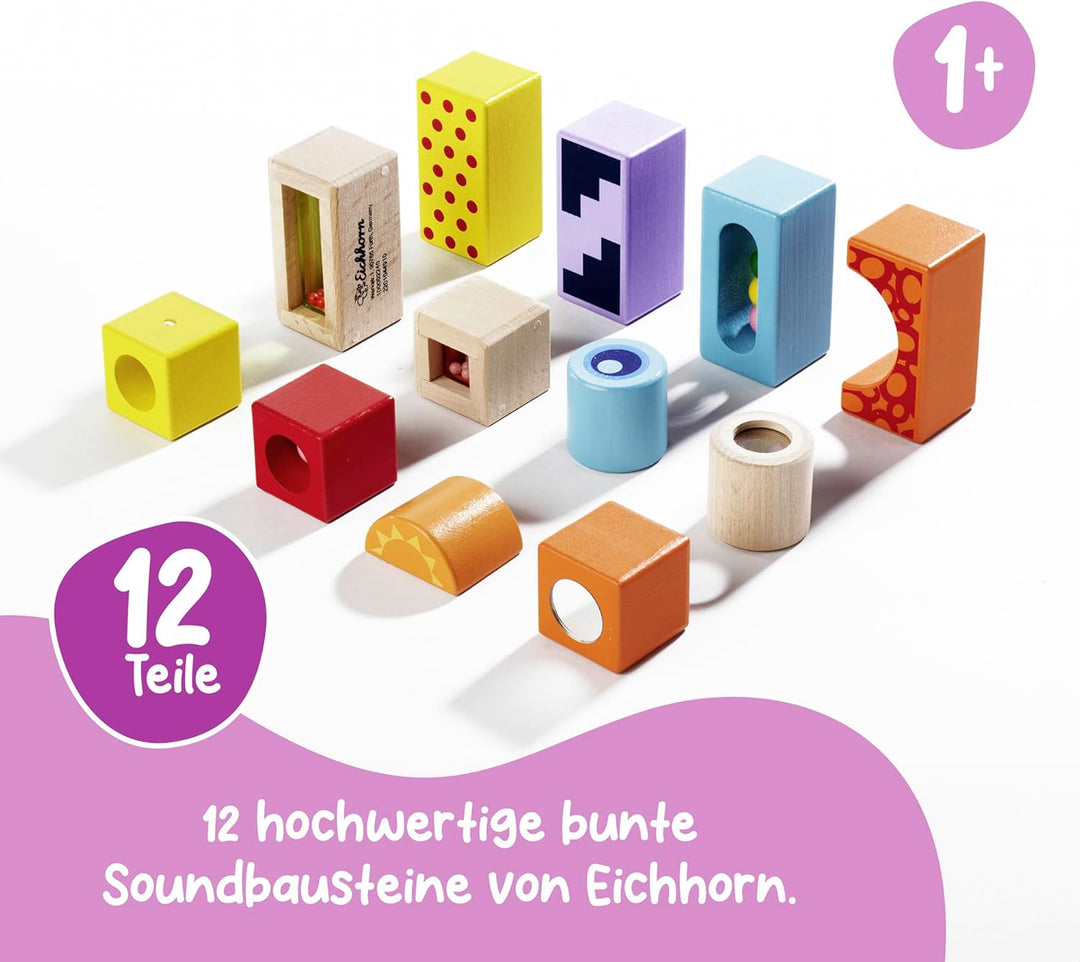 Eichhorn Klangbausteine - Musikalisches Motorikspielzeug, 12 bunte Holzbausteine die Geräusche mache