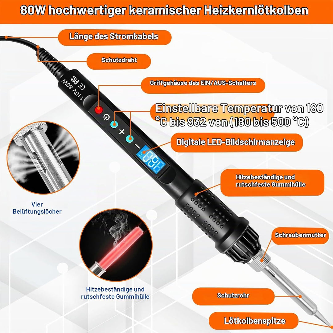 390 Stk Gewindeeinsätze Lötspitzen Set,80W LED Temperatur Einstellbar Lötkolben mit 380 Gewindeeinsä