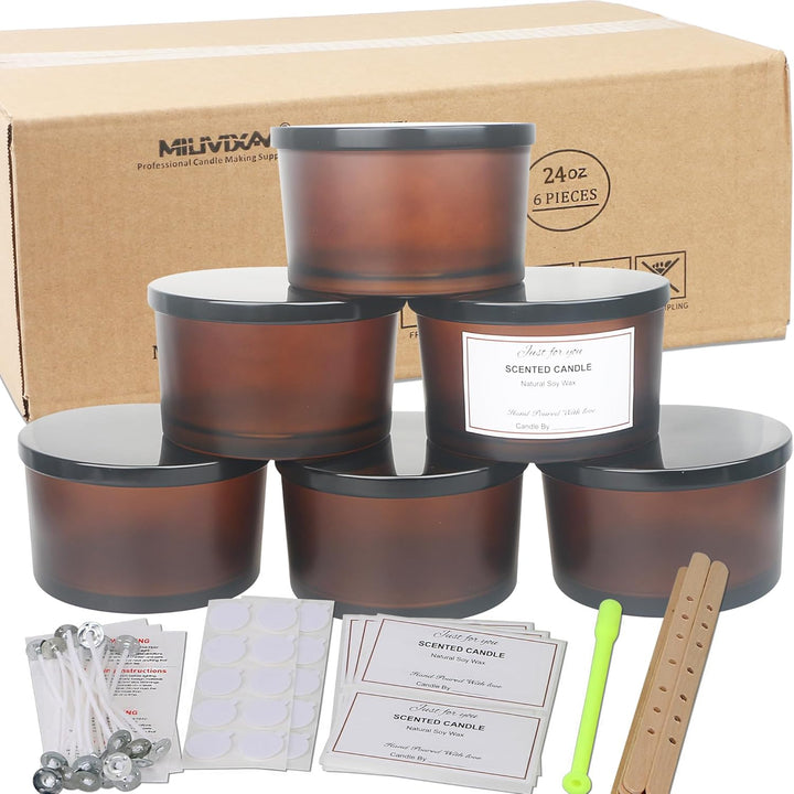 MILIVIXAY 6 x 680 ml Kerzengläser mit Metalldeckel und Kerzenherstellungs-Kits – 3 Docht-Kerzenglas,
