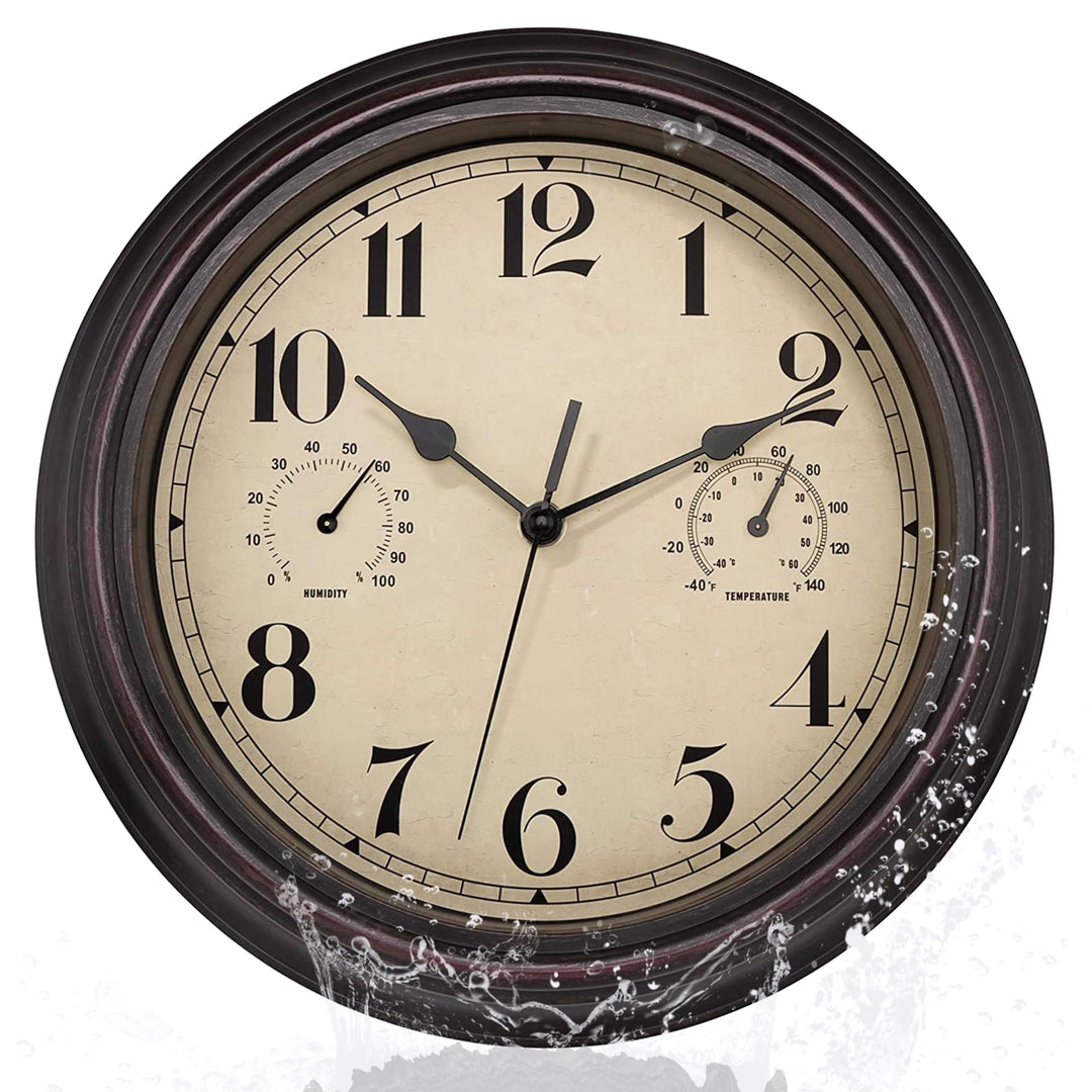 Foxtop Innen Draussen Wetterfeste Wanduhr mit Temperaturanzeige und Hygrometer, Ohne Tickgeräusche L