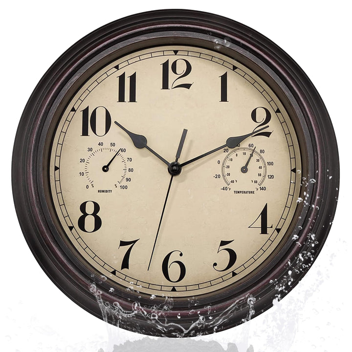 Foxtop Innen Draussen Wetterfeste Wanduhr mit Temperaturanzeige und Hygrometer, Ohne Tickgeräusche L