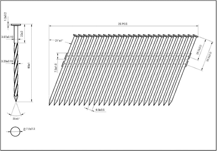 21° Rundkopf Streifennägel - 3,1X80mm, 3.000 stück, Nägel für Druckluft-Nagler, Schraube/verzinkt, f