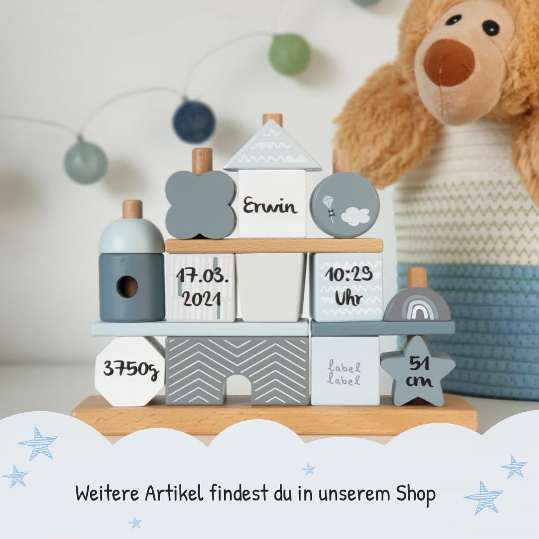 Steckspiel Haus blau I Personalisierbares Geschenk zur Geburt Jungen I Handmade Holzspielzeug I Pers