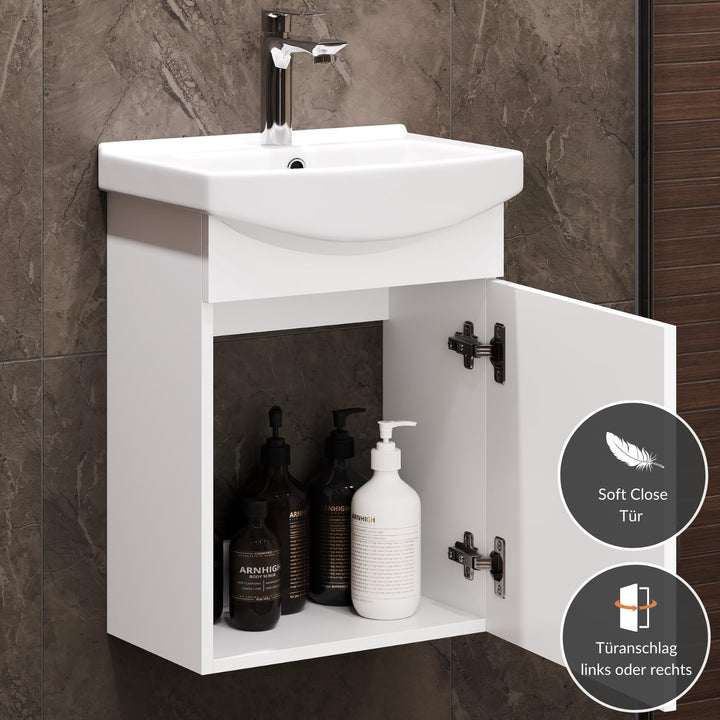 Planetmöbel Waschbecken mit Waschbeckenunterschrank/Waschtisch-Unterschrank 45cm Gäste Bad WC (Weiss
