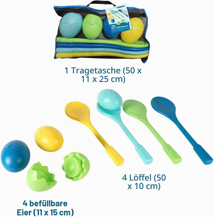 alldoro 60077 XXL Eierlauf mit 4 Löffeln &amp; 4 befüllbaren Eiern, Bewegungsspiel für drinnen &amp; drausse