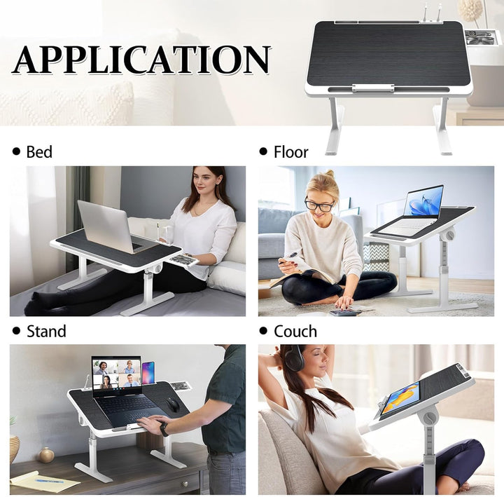 Klappbarer Laptoptisch mit Schublade, LED & Ventilator – Höhenverstellbarer Schreibtisch für Bett, S